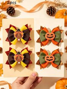 2pcs Thanksgiving Turkey Bow Hair Clips,Multicolor Glitter Ribbon Alligator Clips,Cute Autumn Hair Accessories Gift For Girl Kid Party Holiday Wear No Card - Multicolor - View 2