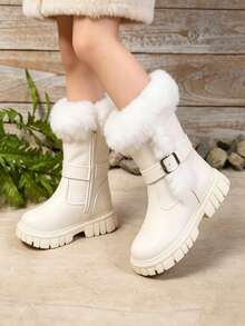 1 Pair Fuzzy High-Top Girls' Boots, Cute Functional Style With Buckle Design, Warm And Non-Slip, Suitable For Autumn/Winter, Daily Parent-Child Outings, School, Christmas New Arrival - White - View 5