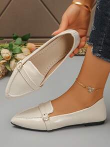Women's Elegant Pointed Toe Slip-On Beige Shoes, Commuter Style Spring/Autumn New Office Wear Navy Loafers, Versatile Flat Shoes - Beige Red PU - Round Buckle - View 4