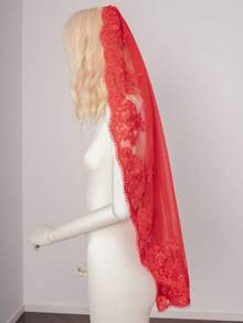 1 Pc Red Wedding Veil Lace Fingertip Length Bridal Veil With Comb For Theme Wedding Halloween Costumes - Multicolor - View 6