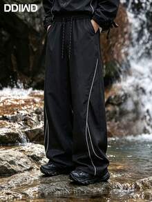Hardcore Outdoor Side Line Patchwork Wide Leg Men's Long Pants, Outfit, Hiking Jogging Trousers - Black - View 2