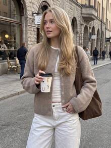 Women's Cardigan, Round Neck, Single-Breasted Asymmetric Placket, Long Sleeve, Street Minimalist Lazy Loose Ribbed Warm Thick Sweater, Multi-Wear, Autumn/Winter - Khaki - View 4