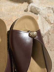 Women's New Coffee Brown Vintage Metal Shell Decor Thong Sandals, Soft Cork Insole Flat Flip Flops, Summer Vacation Casual Beach Sandals - Coffee Brown - View 6