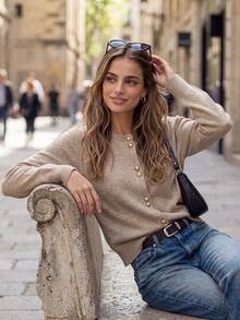 Women's Solid Color All-Match Knit Cardigan, Round Neck With Small Gold Button Design, Soft And Warm, Versatile Slim Fit Long Sleeve Top For Daily Commute, Office, Shopping, Dating And Home Leisure - Khaki - View 7