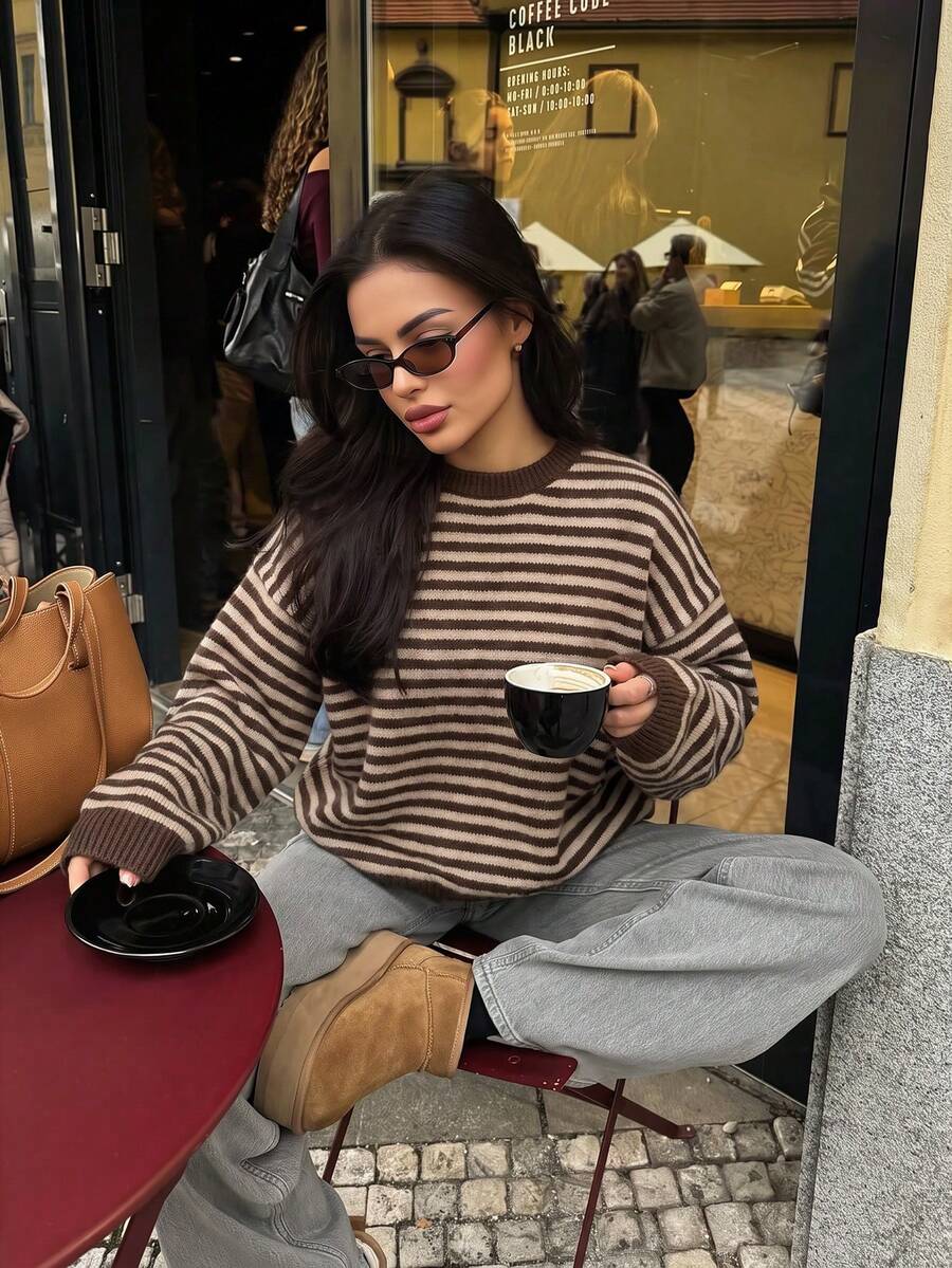 MORI Autumn/Winter Chocolate Striped Knit Crew Neck Long Sleeve Loose Fit Pullover Sweater For Women, Suitable For Coffee Dates And Travel - Coffee - View 1