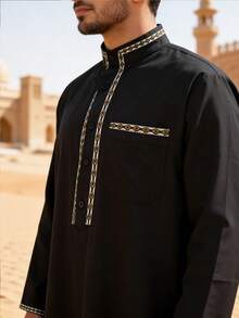 Bata larga para hombre con ribete de encaje, bata larga con mangas largas y bolsillos, vestimenta de Oriente Medio, adecuada como regalo para amigos y familiares - Negro - Ver 5