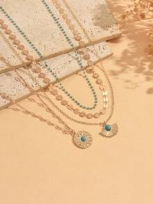 3pcs/Set Vintage Minimalist Design Fan-Shaped Turquoise Pendant & Round Turquoise Pendant Necklace Set, Fashionable Women's Neck Jewelry Suitable For Daily Wear, Dating And Outings - Multicolor - View 3