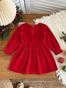 Girls' Princess Style Velvet Dress With Ruffle Lace Trim And Bow Accessory, Holiday Party Wear, Autumn/Winter - Red - View 2