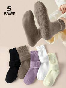5 Pairs Random Women Maillard Fleece‑Lined Mid‑Calf Socks, Thick Plush Inner Warm Knit Socks, Holiday Gift Long Socks For Fall Winter & Christmas - Multicolor - View 9