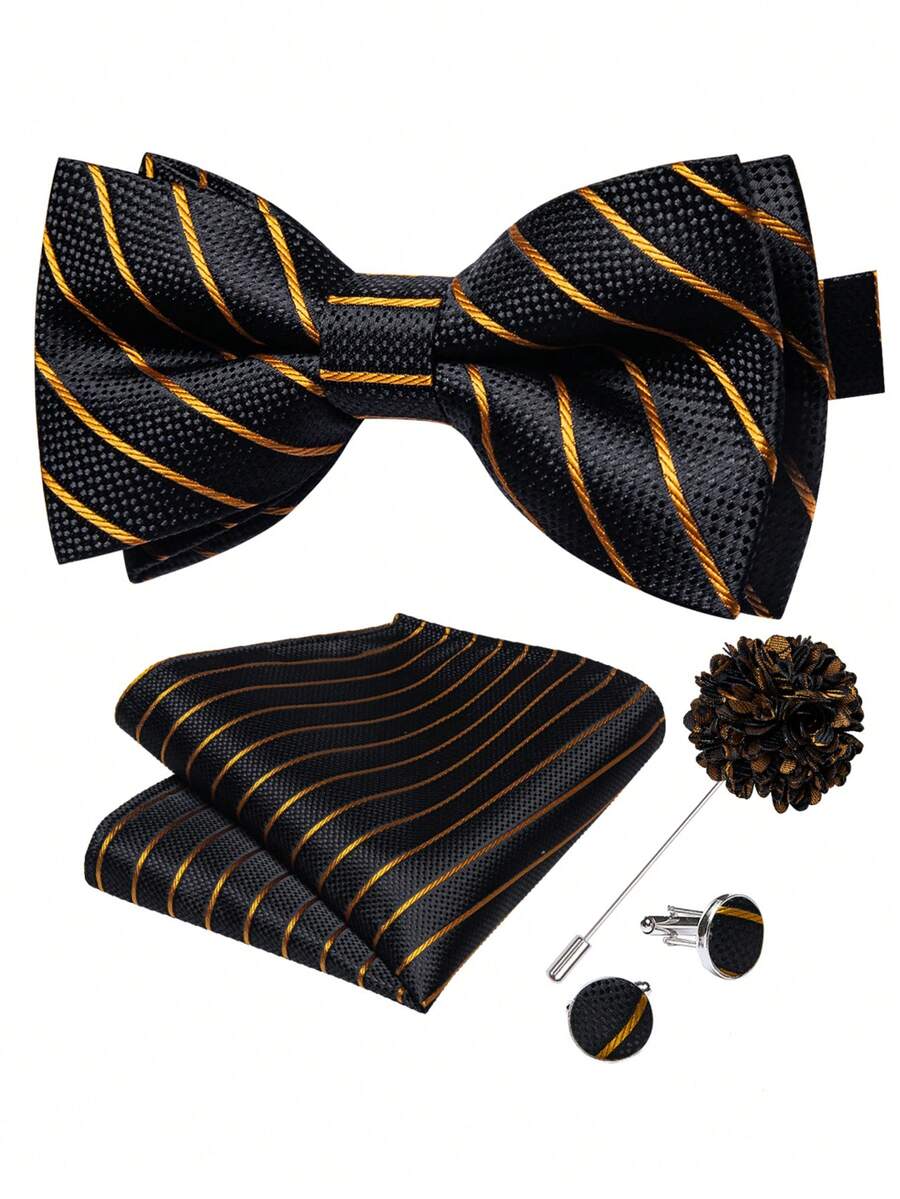 Black & Gold Diagonal Stripe Pre-Tied Bow Tie, Pocket Square, Cufflinks, Lapel Pin 4-Piece Set For Business Banquet Formal Wear - Black - View 1