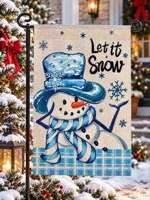 1pc Blue Snowman Let It Snow Garden Flag, Rustic Linen Rectangular Hanging Banner With Snowflake Plaid Print, Festive Outdoor Yard Lawn Porch Decoration For Christmas Winter Holiday Farmhouse Home Garden Decor - A - View 1