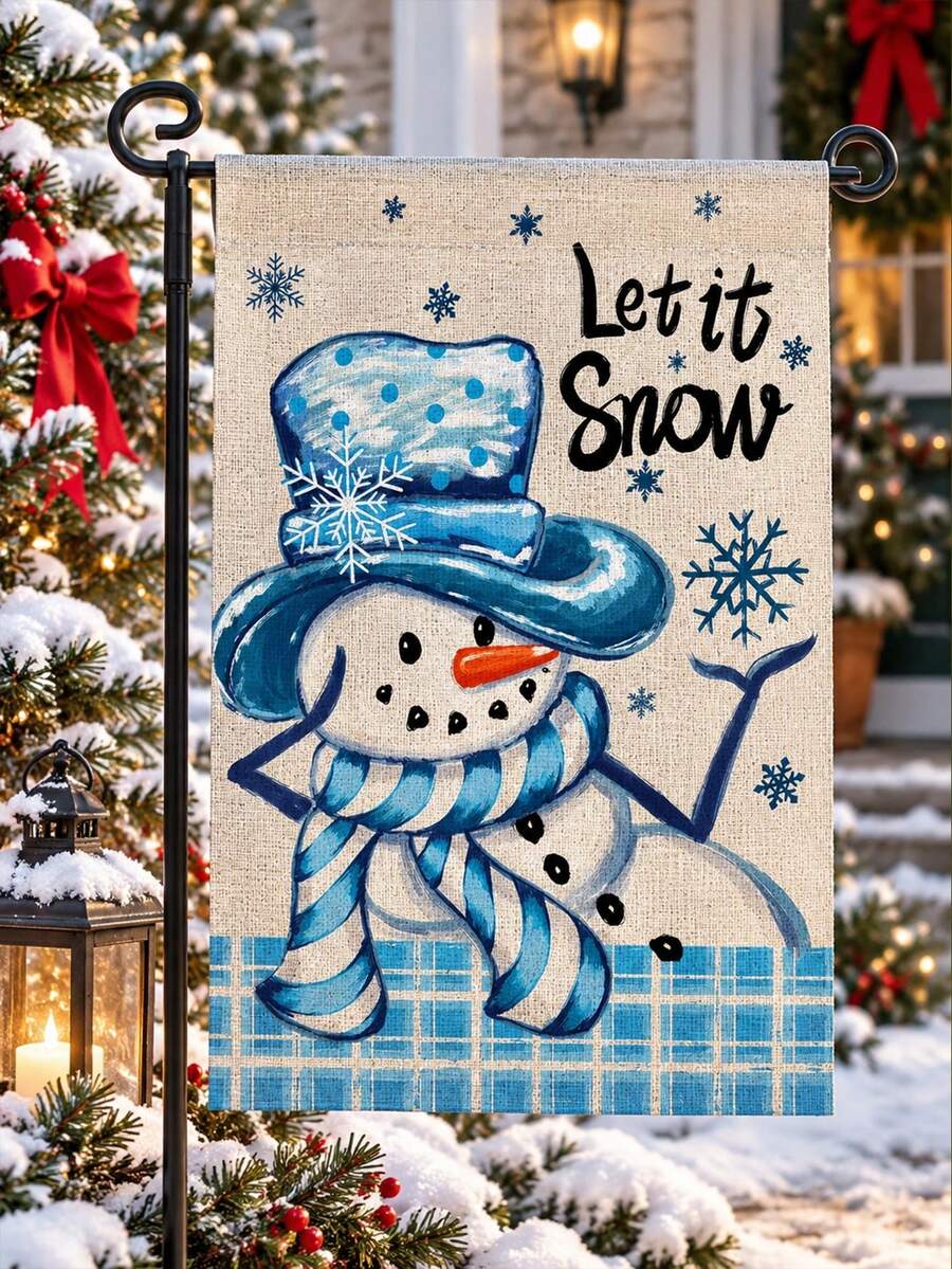 1pc Blue Snowman Let It Snow Garden Flag, Rustic Linen Rectangular Hanging Banner With Snowflake Plaid Print, Festive Outdoor Yard Lawn Porch Decoration For Christmas Winter Holiday Farmhouse Home Garden Decor - A - View 1