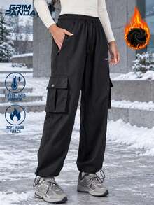 GRIM PANDA Women's Fall Winter Fleece Lined Cargo Pants Drawstring Elastic Waist Zip Pockets Straight Leg Thickened Warm Outdoor Hiking Daily Trousers - Black - View 5