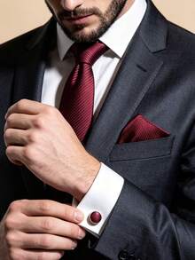 3pcs/Set Men's Pinstripe Tie, Pocket Square, Cufflinks Combination Set, Suitable For Business, Commute, Banquet, Party, Wedding - Burgundy - View 1