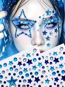 2Pcs Blue Star Rhinestone Face Gems Stickers Mixed Size Shiny Crystal Acrylic Diamonds Face Jewel Decals For DIY Festical Music Concert Carnival Body Makeup Crafts Y2K Facial Gems Slider - Multicolor - View 2