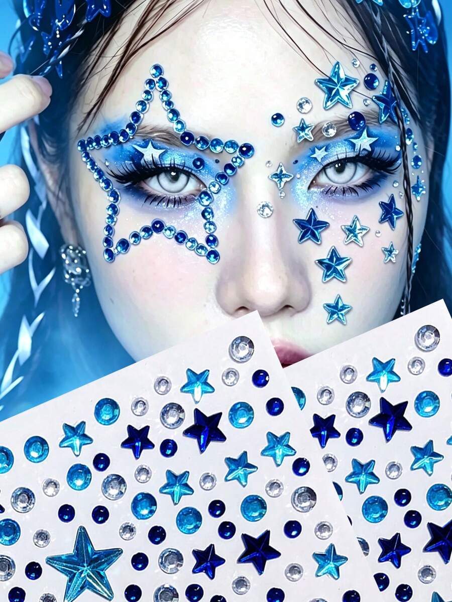 2Pcs Blue Star Rhinestone Face Gems Stickers Mixed Size Shiny Crystal Acrylic Diamonds Face Jewel Decals For DIY Festical Music Concert Carnival Body Makeup Crafts Y2K Facial Gems Slider
