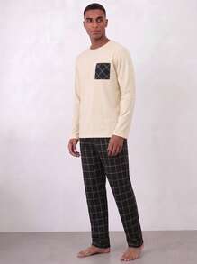 Snug League 2pcs Men's Plus Size Casual Loose Minimalist Pullover Sweatshirt With Pockets & Plaid Lounge Pants Set, Suitable For Spring - Multicolor - View 1