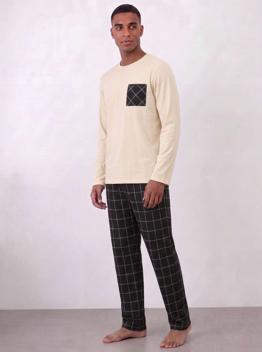 Snug League 2pcs Men's Plus Size Casual Loose Minimalist Pullover Sweatshirt With Pockets & Plaid Lounge Pants Set, Suitable For Spring - Multicolor - View 1