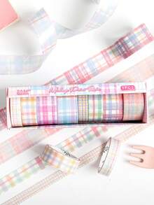 8 Rolls/Box Fresh Plaid Pattern Tape, Designed In Two Materials (Paper And PET) For Vintage-Style Tape,For Scrapbooking, Diaries, And Card Decoration - Multicolor - View 4