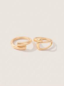 Valisandre 14/2pcs Exaggerated Vintage Coin Textured Multi-Layer Geometric Asymmetrical Shape Hollow Circle Wave Design Chunky Rings Set - Yellow Gold - View 8