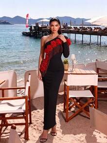 Elegant Black One-Shoulder Long Sleeve Dress, Decorated With Sexy 3D Red Roses And Beaded Tassels, Medium Stretch Knit Fabric, Suitable For Party Wear. - Black - View 3