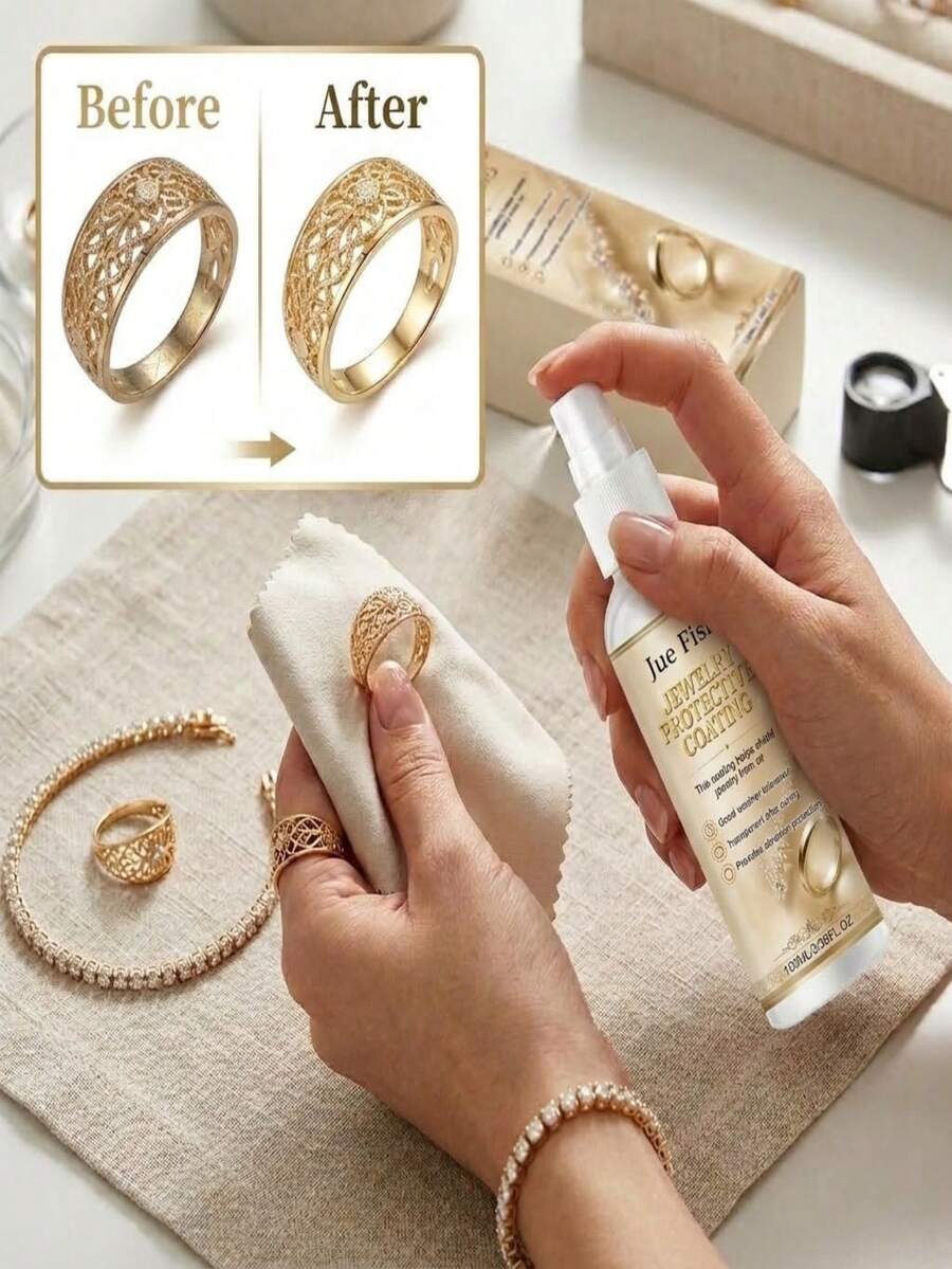 JUE FISH Jewelry Protective Coating Spray, Invisible Anti-Tarnish Film Sealant For Gold, Silver, Brass, Rings, Necklaces, Bracelets & Metal Accessories, Long-Lasting Shine Restorer, Scratch Resistant Multi-Material Quick-Drying Tarnish Shield Spray