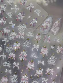 1pc 5D Crystal Christmas Ribbon Tree Nail Stickers, Christmas Tree Bow, Shiny Bow, Exquisite Stars & English Artistic Font Merry Christmas, Adhesive Nail Decals - Multicolor - View 3