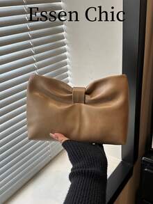1pc Khaki Solid Color PU Pleated Envelope Clutch Bag For Women - Khaki - View 2