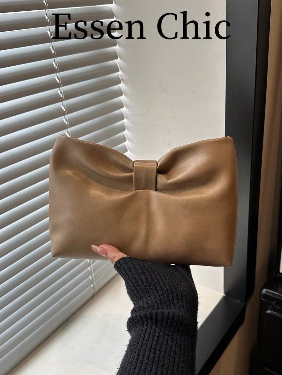 1pc Khaki Solid Color PU Pleated Envelope Clutch Bag For Women