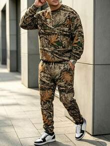 Men's Autumn/Winter Street Casual Vintage Bark & Fallen Leaf Camouflage Print Crew Neck Sweatshirt & Sweatpants Set - Multicolor - View 4