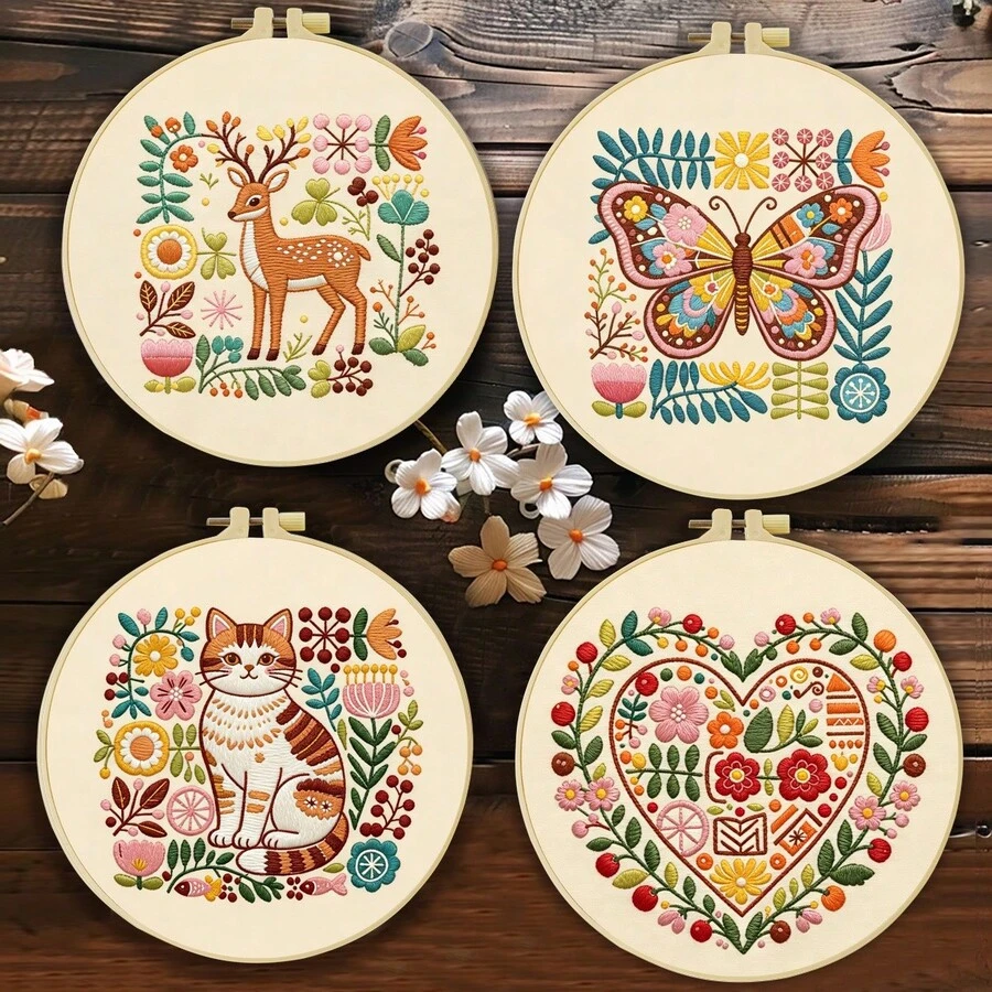 1PC 20*20cm/7.9*7.9in,Flowers And Animals Embroidery Kit, DIY Handmade Embroidery Set For Adult Beginners, Home Gift, Women's Sewing Gift, Including User Manual, Printed Pattern Fabric, Embroidery Frame, Needle And Thread.
