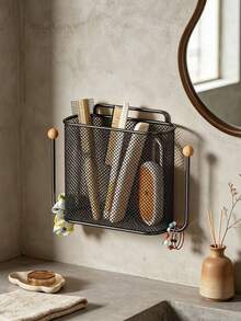 1pc Wall-Mounted Storage Basket, Minimalist Metal Mesh Rectangular Storage Basket With Side Hooks, No-Drill Wall Hanging Rack, Suitable For Bathroom, Bedroom, Dorm, Home Daily Storage - Multicolor - View 5