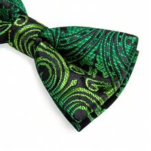 Black Background Bright Green Paisley Pattern Pre-Tied Bow Tie, Pocket Square, Cufflinks, Lapel Pin 4-Piece Set For Wedding And Formal Occasions - Black - View 5