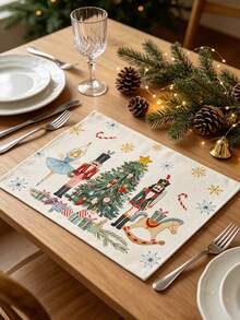 Bộ 6 tấm lót bàn ăn Giáng Sinh mùa đông họa tiết Nutcracker và cây thông Noel, hình chữ nhật, chất liệu polyester, chỉ giặt tay, đồ trang trí ngày lễ phù hợp cho bàn ăn gia đình và tiệc - A - Xem 6