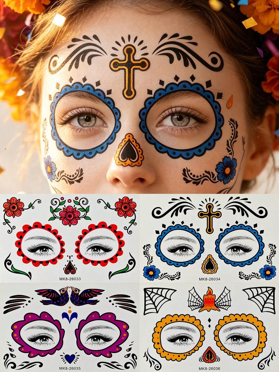 4pcs Day Of The Dead Temporary Face Tattoo Stickers, Sugar Skull Floral Cross Bird Candle Spider Web Face Decals, Colorful Mexican Festival Face Stickers, Suitable For Day Of The Dead, Party Makeup
