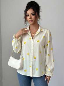 Plus Size Lemon Print Lapel Collar Shirt, Long Sleeve Ruffle Cuff Front Button Casual Blouse - White - View 4