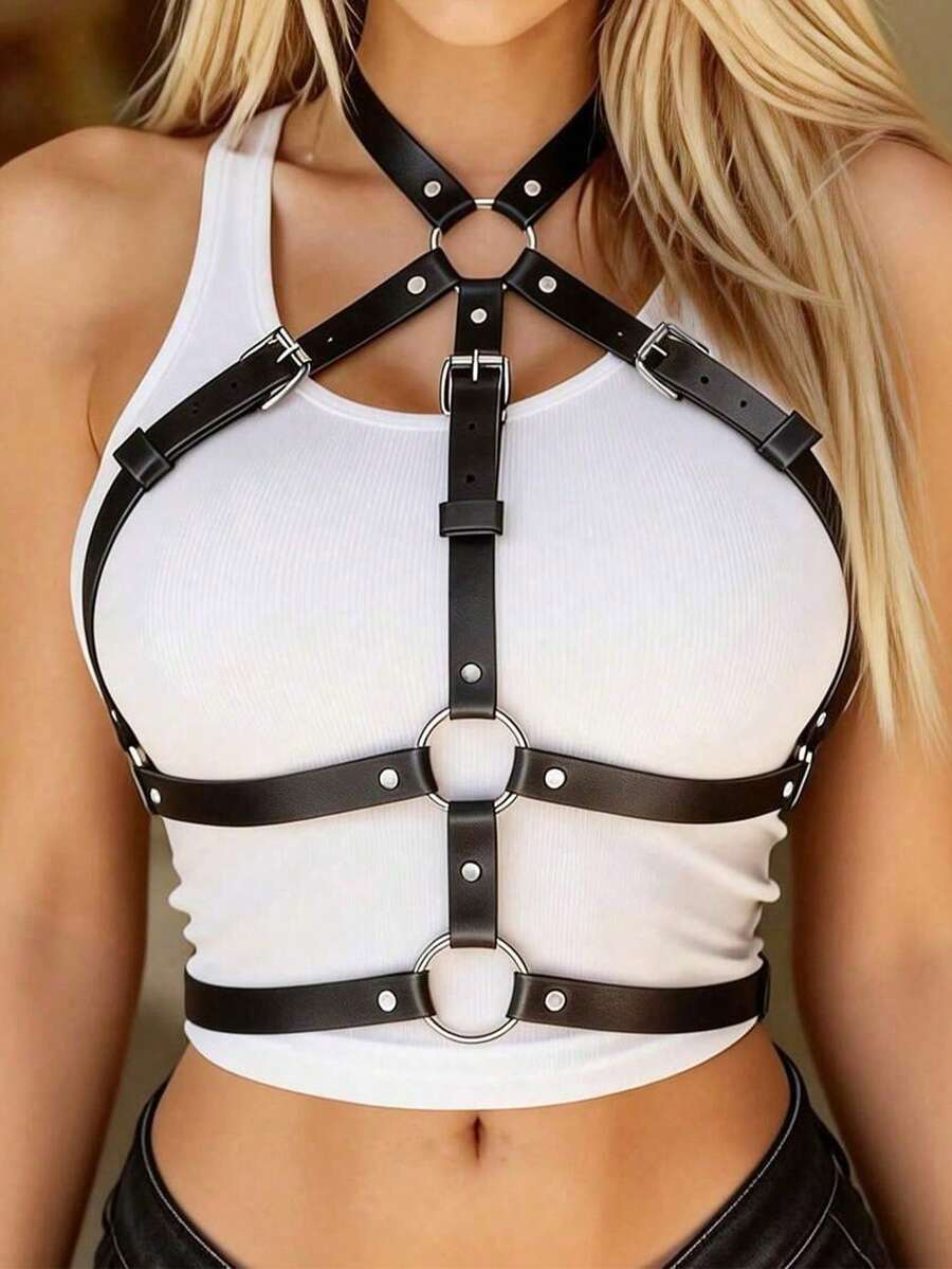1pc Women's Punk Goth Style Black O-Ring PU Leather Chest Harness Adjustable Strap Body Waist Belt, Suitable For Stage Performance, Music Festival, Party, Commuting - Black - View 1