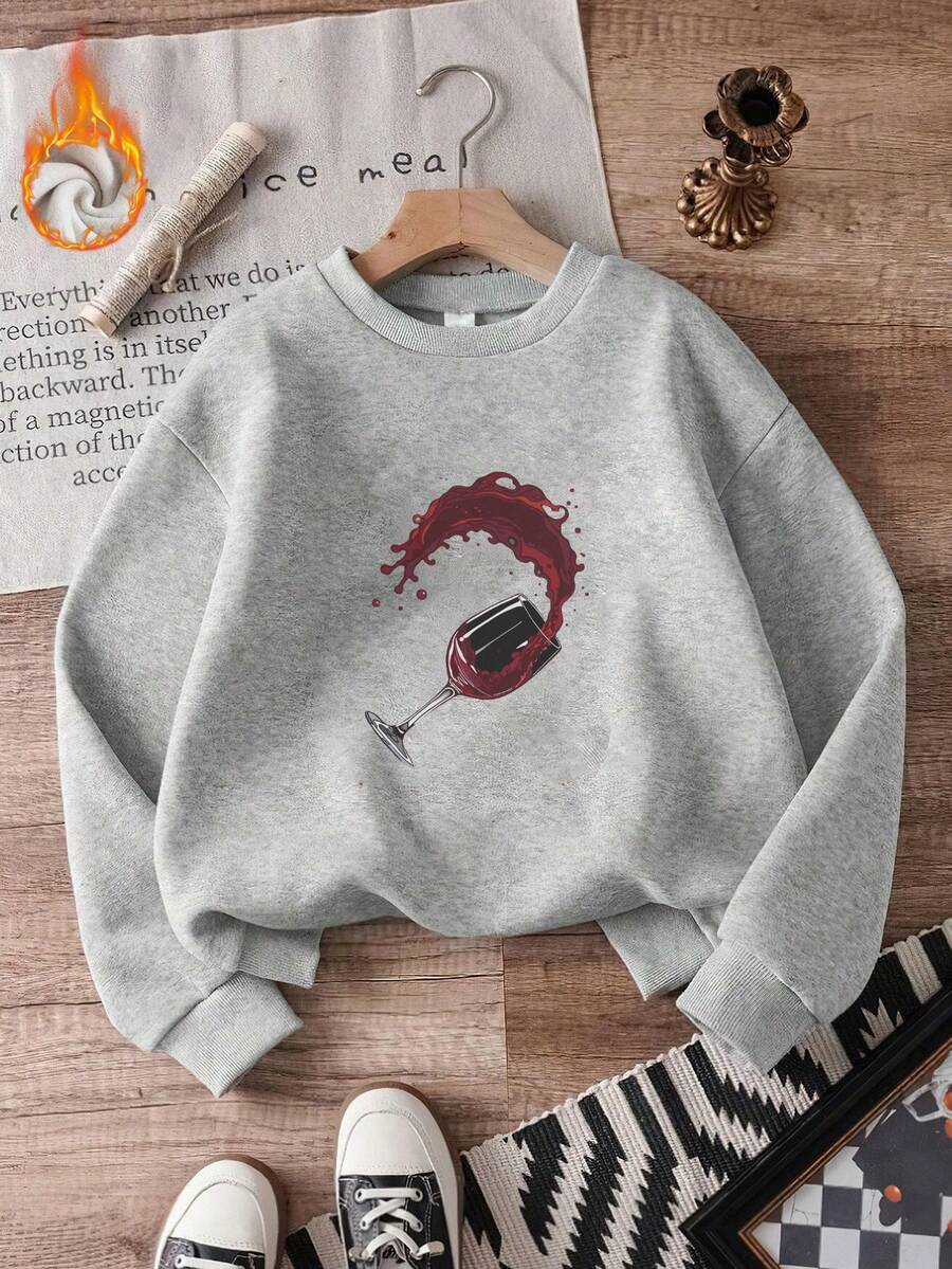 Casual Women's Thermal Lined Sweatshirt, Long Drop Shoulder Pullover With Ribbed Knit Details And Unique Wine Glass Print, Suitable For Winter - Flower Gray - View 1