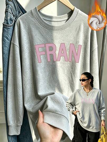 Felpa in pile grigia da donna con stampa, top ampio a maniche lunghe con collo tondo caldo, stile Y2K da strada per l'autunno/inverno, outfit per vacanze e tempo freddo all'aperto