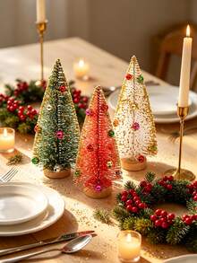 6pcs Set Artificial Three-Color Bell Christmas Tree, Bottle Brush Christmas Tree With Wooden Base, Christmas Decoration, Christmas Party Home Desktop Handmade Decor, Winter Holiday Decoration, Christmas Table Centerpiece - Multicolor - View 8