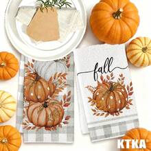 2pcs Thanksgiving Autumn Pumpkin Print Kitchen Towels, Soft And Absorbent, Reusable And Washable, Home Cleaning Essential, Kitchen Accessories, Holiday Gift For Friends - Grey - View 9