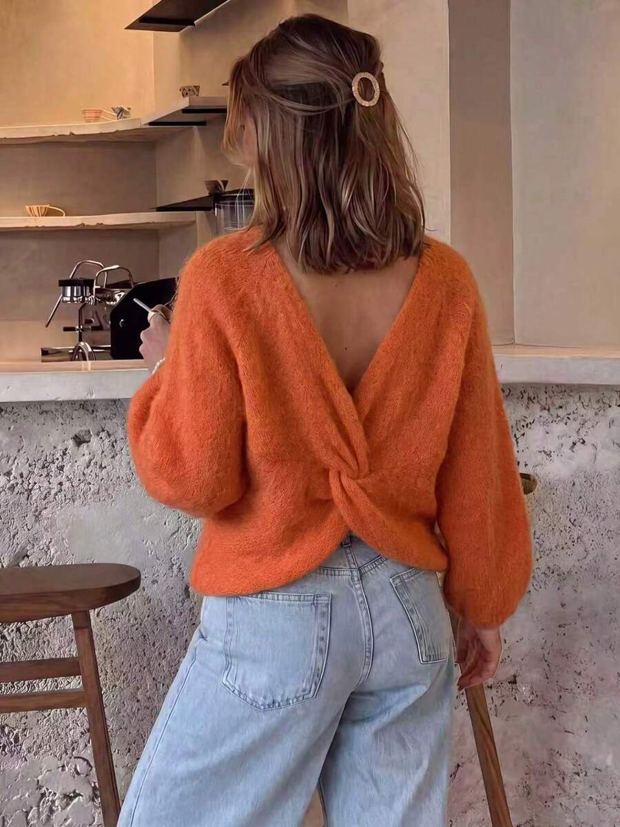 Fall/Winter Vintage Women's Twisted Knot Backless Sweater , Suitable For Daily ,Halloween Casual Dating, Christmas ,Night Reversible Front And Back - Orange - View 1