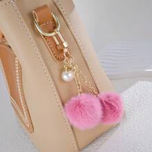 Soft Style Double Plush Ball Pearl Keychain, Cute Faux Rabbit Fur Pom Pom Pendant, Girls Bag Backpack Charm, Car Key Chain, Small Gift - Multicolor - View 5