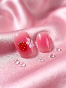 24pcs Kids Girls Press-On Short Artificial Nails, Cute Strawberry & Flower Gradient Design, Pre-Glued Full Coverage Acrylic Nail Tips Set, Suitable For Children Girls Nail Decoration (Strawberry Girl) - Multicolor - View 2