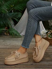 Women's Wedge Heel Thick Sole Loafers, Retro Leather Upper, Versatile Round Toe Front Lace-Up Casual Sneakers, Solid Color - Khaki - View 4