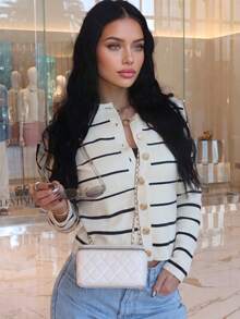 Women's Striped Gold Button Cardigan Sweater, White Long Sleeve, Medium Stretch, Regular Fit, Autumn/Winter - Black and White - View 1