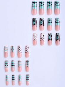 Fall Nails Y2k Nails Long-Style French-Inspired Floral Check Pattern Press On Nalls - Multicolor - View 2