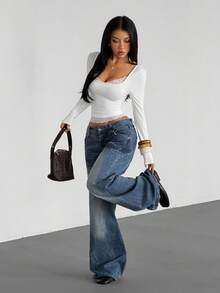 VENORA Women's White U-Neck Long Sleeve T-Shirt With Contrast Lace Trim And Backless Detail,Short Length For Fall,Daily Casual,Sexy,Y2k,Halloween - White - View 5
