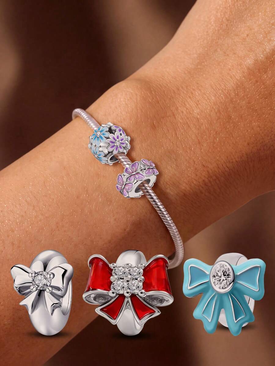 1pc Bow Heart Pendant, Suitable For Women's Bracelets, Bangles, DIY Jewelry Making, And Daily Outfit Matching, Can Decorate Girls' Jewelry - Silver - View 1