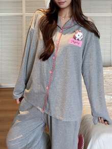 Gongdie 2pcs Disney Marie Women's Pajama Set, Autumn Grey Soft Cotton Loungewear With Pink Trim And Pockets - Light Grey - View 9